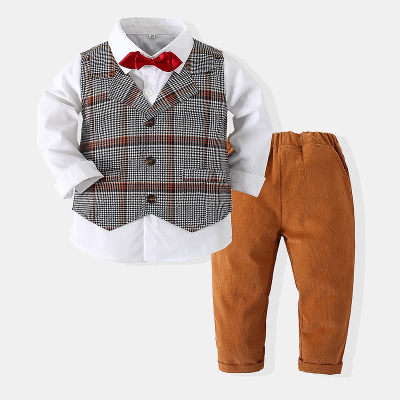 Boys gentleman dress suit spring and autumn new Japanese and Korean long-sleeved plaid autumn clothing children's party performance clothing children's clothing 2