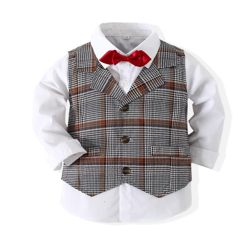 Boys gentleman dress suit spring and autumn new Japanese and Korean long-sleeved plaid autumn clothing children's party performance clothing children's clothing 4