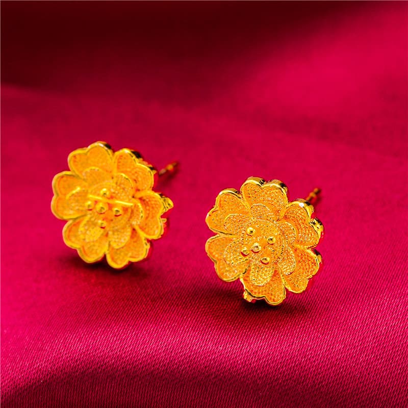 New gold-plated solid bean big flower earrings sand gold frosted earrings temperament girls pure copper plated real gold earrings 10