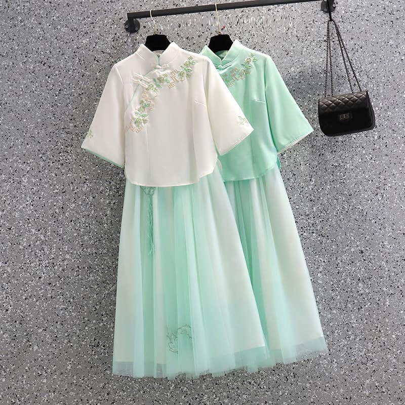 Summer improved Republic of China style cheongsam skirt Chinese style embroidered mesh skirt bestie tea dress Tang suit literary retro style