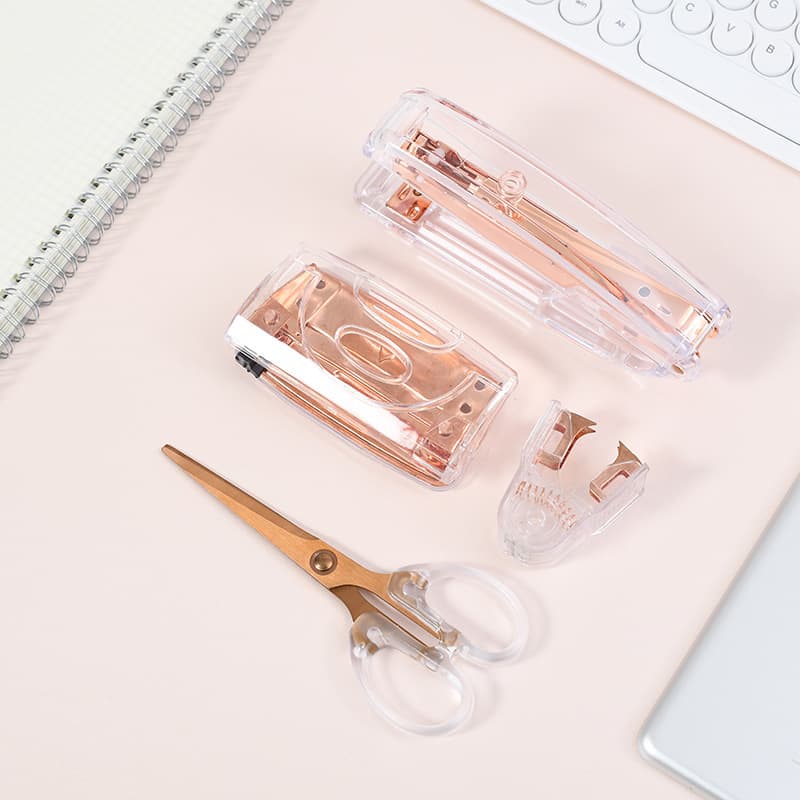 Cross-border direct supply of transparent PS rose gold stapler hole puncher staple remover frosted colorful scissors office supplies
