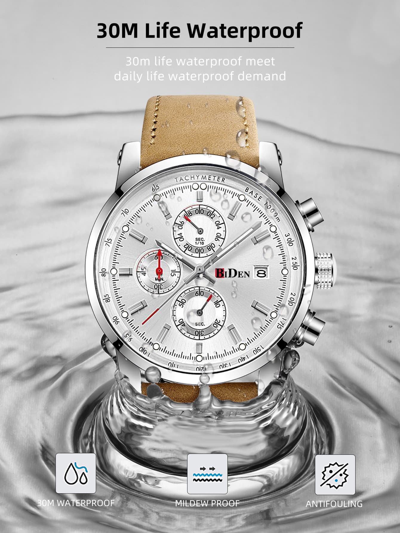 Biden Men's Watch Stylish Business Chronograph 30M Waterproof Watch Elegant Sports Analog Date 5