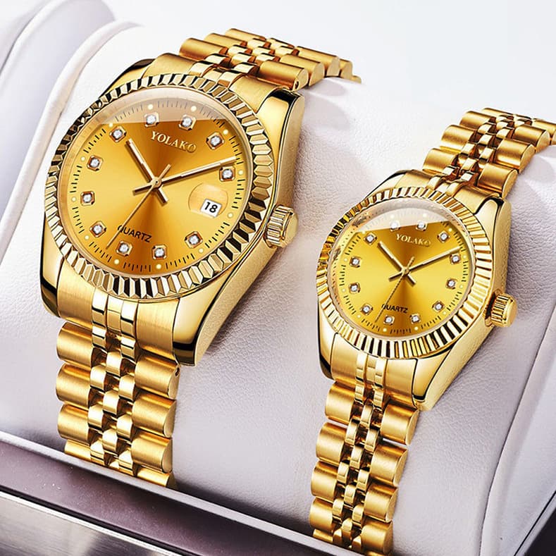 Diamond-encrusted steel band calendar watch for women simple casual student fashion quartz gold suit men's watch couple 2