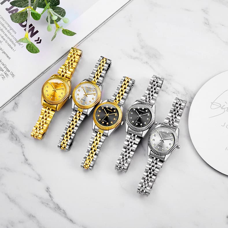 Diamond-encrusted steel band calendar watch for women simple casual student fashion quartz gold suit men's watch couple 5