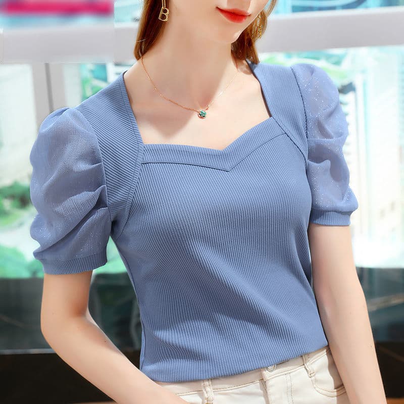 Spot ice silk T-shirt for women 2021 new summer short-sleeved T-shirt French palace style puff sleeve top trendy 3