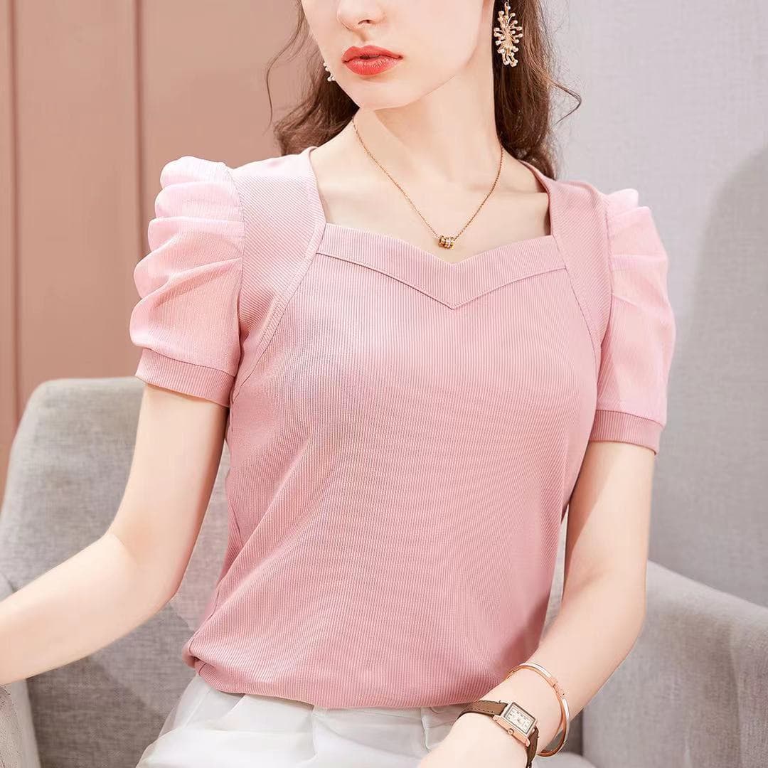 Spot ice silk T-shirt for women 2021 new summer short-sleeved T-shirt French palace style puff sleeve top trendy 5
