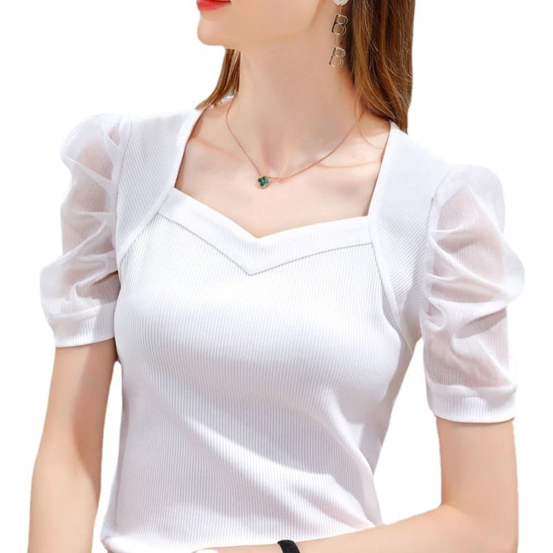 Spot ice silk T-shirt for women 2021 new summer short-sleeved T-shirt French palace style puff sleeve top trendy 6