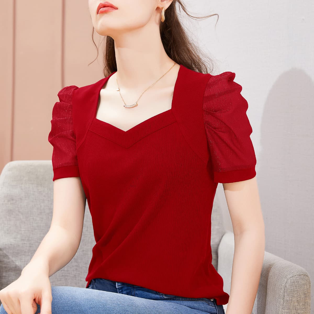 Spot ice silk T-shirt for women 2021 new summer short-sleeved T-shirt French palace style puff sleeve top trendy 7