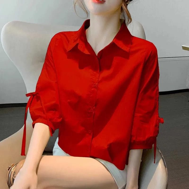 Mid-sleeve shirt for women, summer fashion, new style, loose and breathable top, five-point lantern sleeve shirt, women's short-sleeved shirt 4