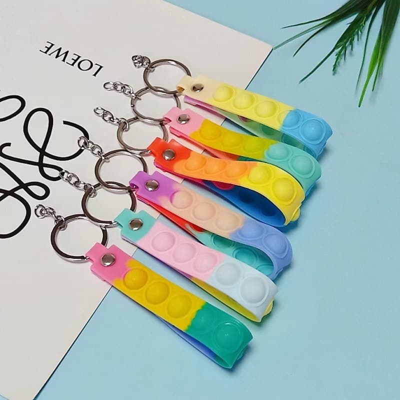 6014# Hot Selling Trendy Colorful Stress Reducing Bubble Keychain Leather Cord PVC Soft Wristband Keychain Accessories 2
