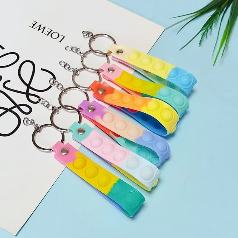 6014# Hot Selling Trendy Colorful Stress Reducing Bubble Keychain Leather Cord PVC Soft Wristband Keychain Accessories 3