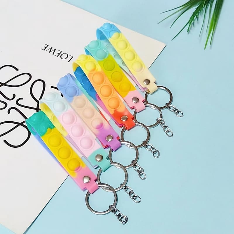 6014# Hot Selling Trendy Colorful Stress Reducing Bubble Keychain Leather Cord PVC Soft Wristband Keychain Accessories 4