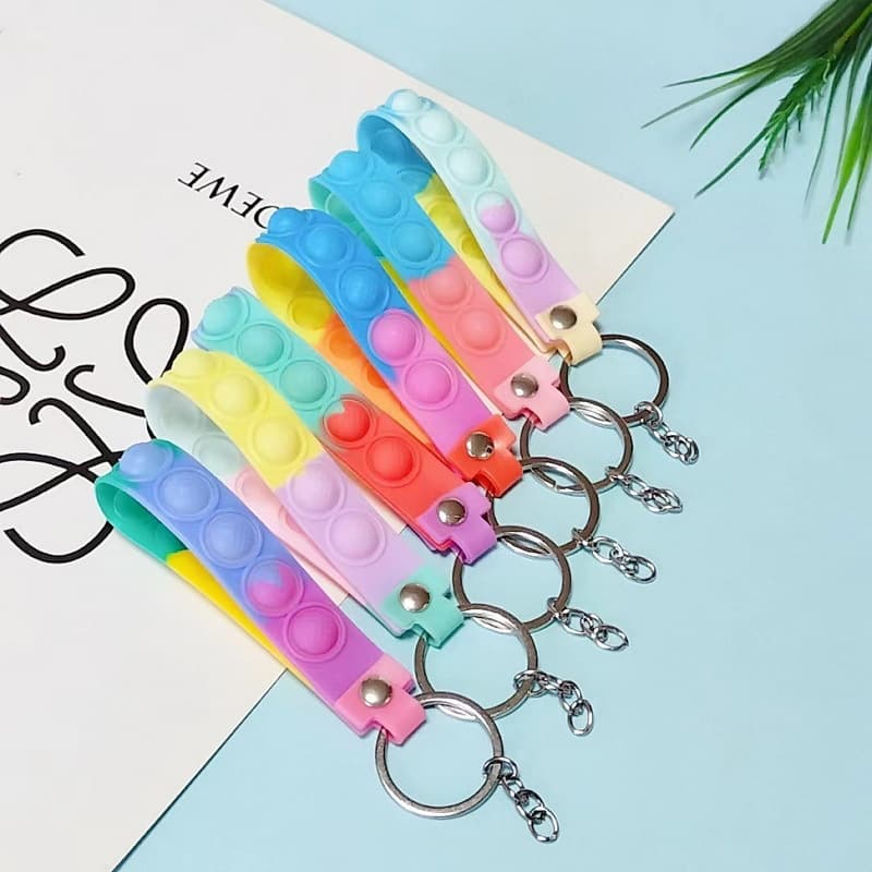 6014# Hot Selling Trendy Colorful Stress Reducing Bubble Keychain Leather Cord PVC Soft Wristband Keychain Accessories 5