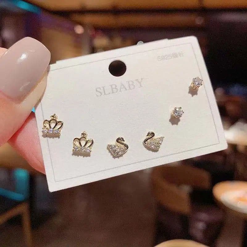 925 silver plated set asymmetrical Korean simple swan snowflake temperament female earrings student cat cat stone earrings wholesale 3