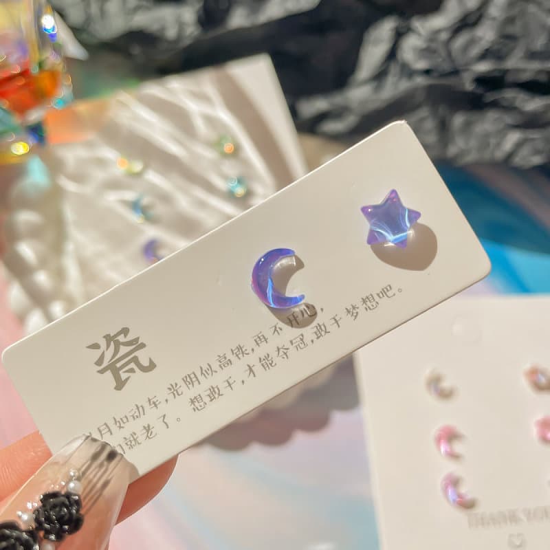 Dreamy colorful stars accompanied by the moon, fresh small earring set, fairy girl earrings, small, clear, super flash, and pierced ears 4