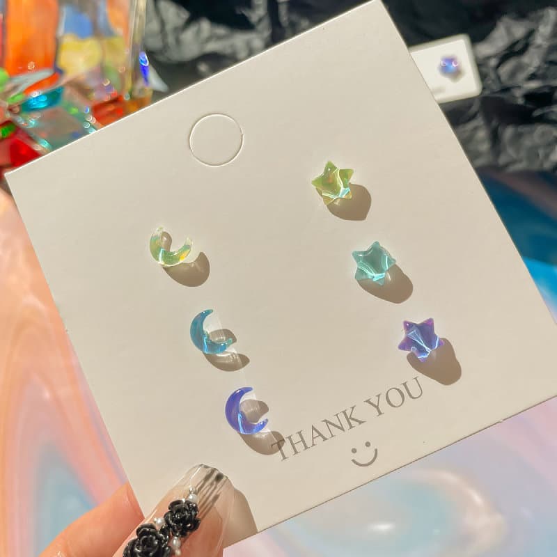 Dreamy colorful stars accompanied by the moon, fresh small earring set, fairy girl earrings, small, clear, super flash, and pierced ears 9