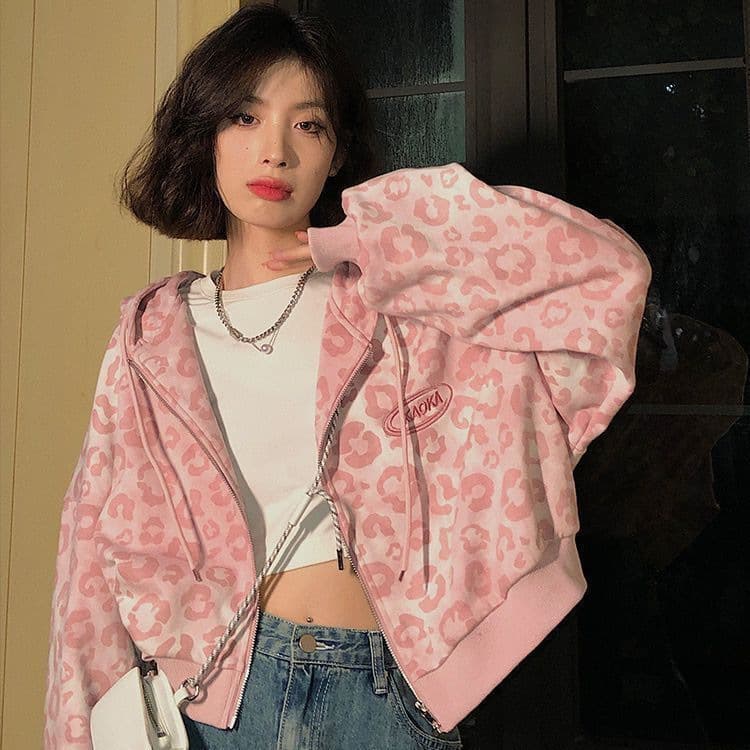 2025 pink leopard print short cardigan jacket for women spring and autumn new loose Hong Kong style retro hooded sweatshirt trend 2
