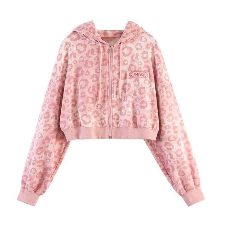 2025 pink leopard print short cardigan jacket for women spring and autumn new loose Hong Kong style retro hooded sweatshirt trend 6