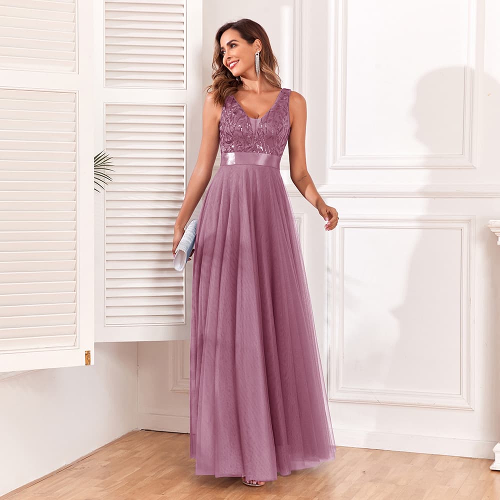 26 multi-color spliced ​​elastic waist sleeveless double V-neck evening dress tulle embroidered long elegant A full swing party dress 3