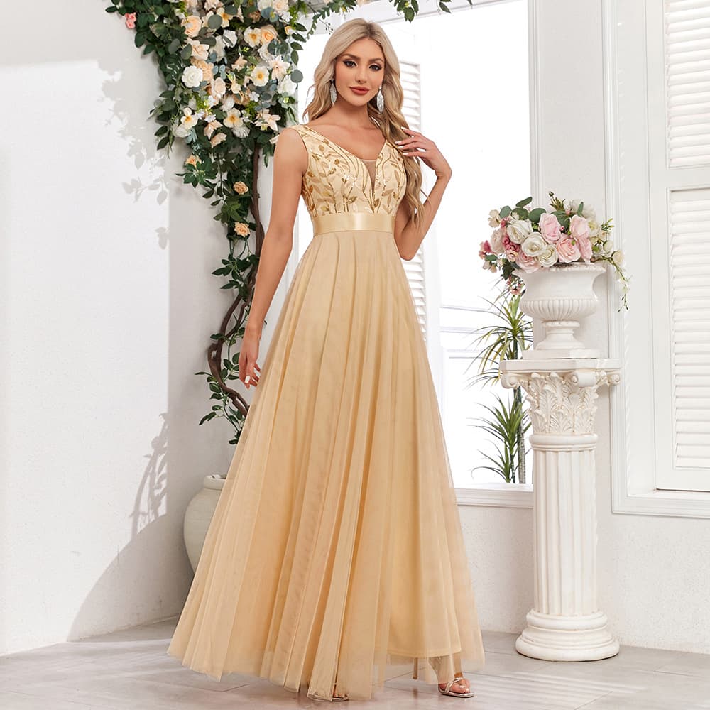 26 multi-color spliced ​​elastic waist sleeveless double V-neck evening dress tulle embroidered long elegant A full swing party dress 4