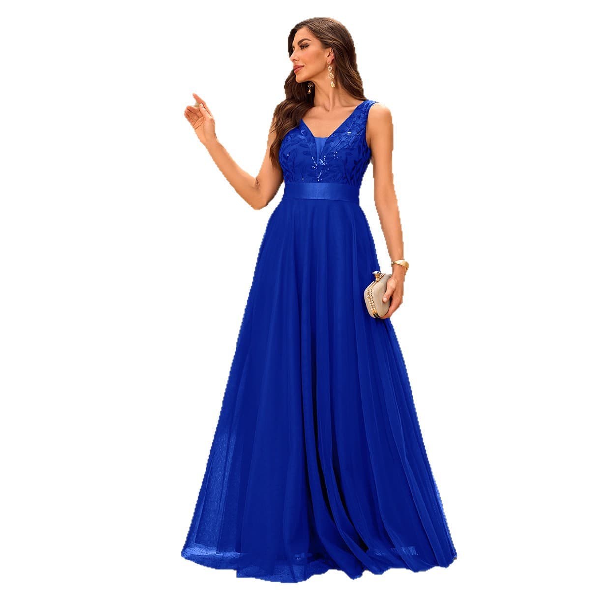 26 multi-color spliced ​​elastic waist sleeveless double V-neck evening dress tulle embroidered long elegant A full swing party dress 5