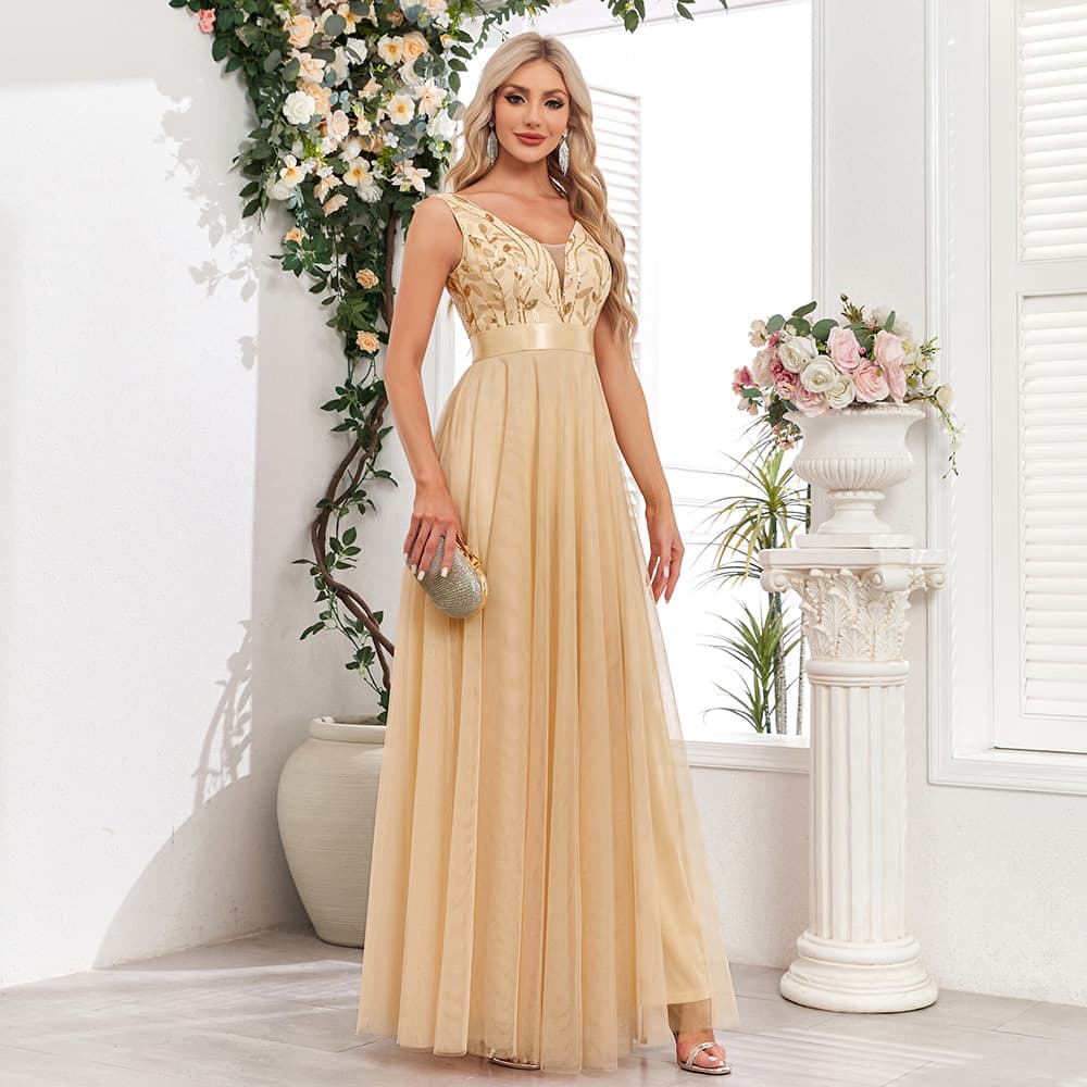 26 multi-color spliced ​​elastic waist sleeveless double V-neck evening dress tulle embroidered long elegant A full swing party dress 6
