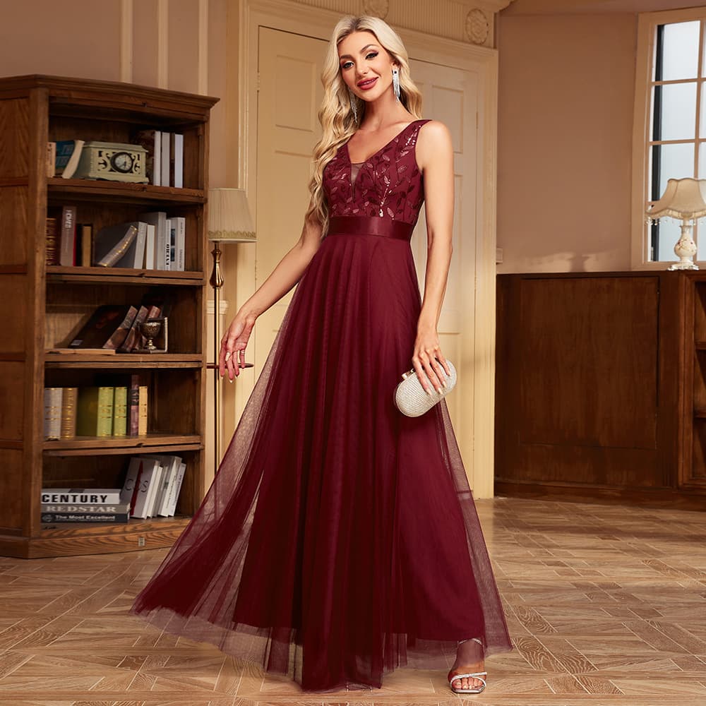 26 multi-color spliced ​​elastic waist sleeveless double V-neck evening dress tulle embroidered long elegant A full swing party dress 9