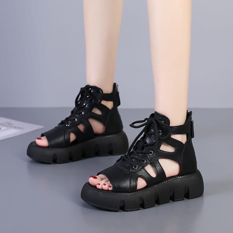 Sandal boots women's retro thick-soled sandals lace-up fashion hollow sandals 2026 summer new style breathable casual platform shoes 4