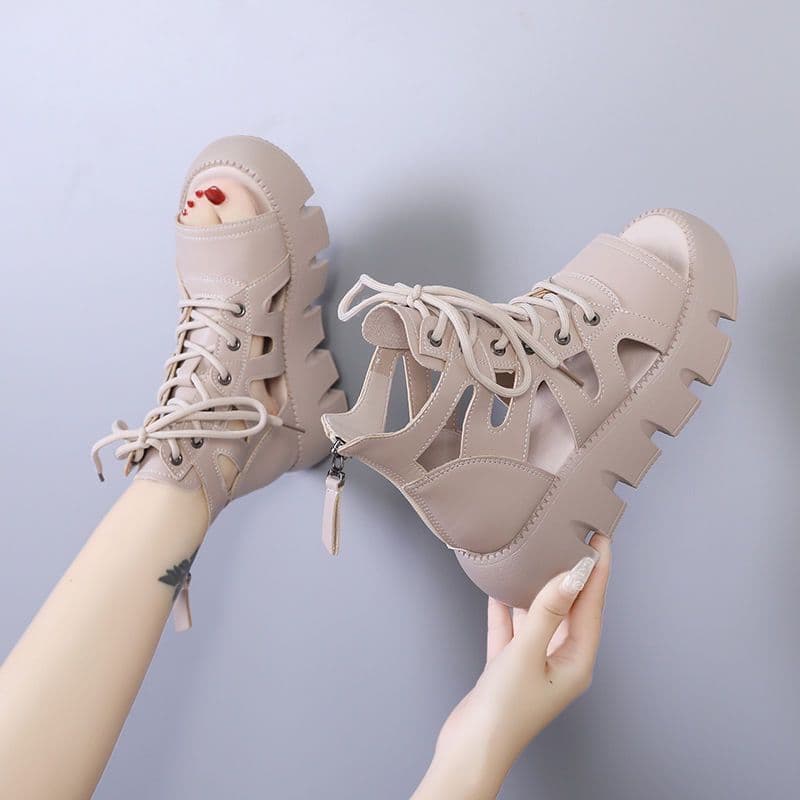Sandal boots women's retro thick-soled sandals lace-up fashion hollow sandals 2026 summer new style breathable casual platform shoes 5