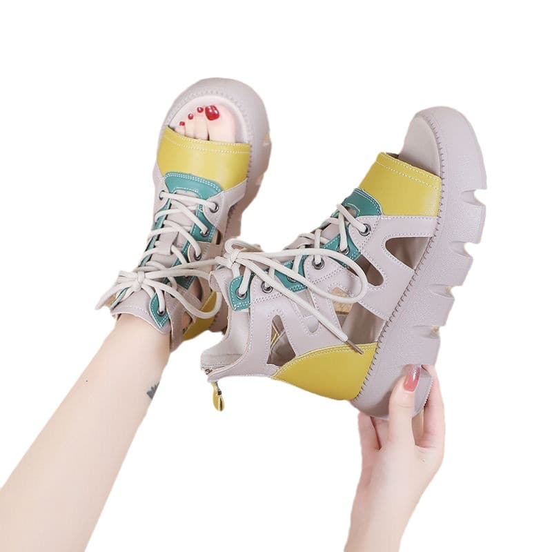 Sandal boots women's retro thick-soled sandals lace-up fashion hollow sandals 2026 summer new style breathable casual platform shoes 6