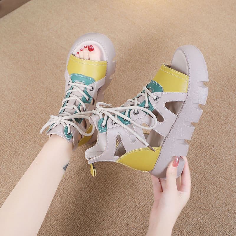 Sandal boots women's retro thick-soled sandals lace-up fashion hollow sandals 2026 summer new style breathable casual platform shoes 7