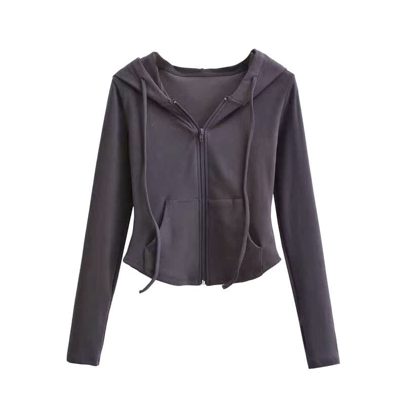 DeRong Hot Girl Style Hooded Cardigan Sweater Jacket Women's Spring and Autumn Slim Waist Slim Long Sleeve Short Top Trendy 9