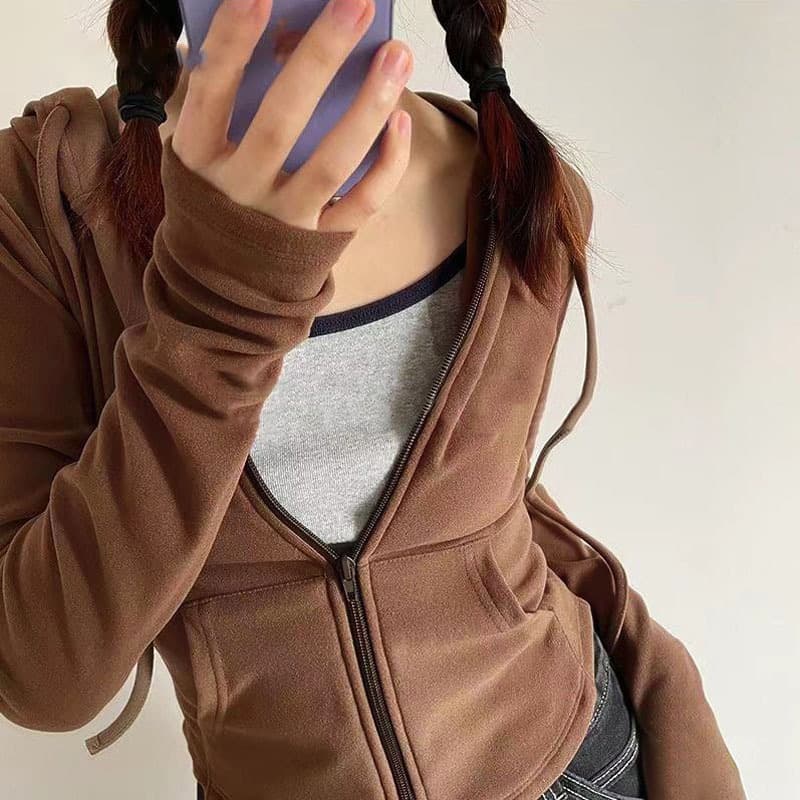 DeRong Hot Girl Style Hooded Cardigan Sweater Jacket Women's Spring and Autumn Slim Waist Slim Long Sleeve Short Top Trendy
