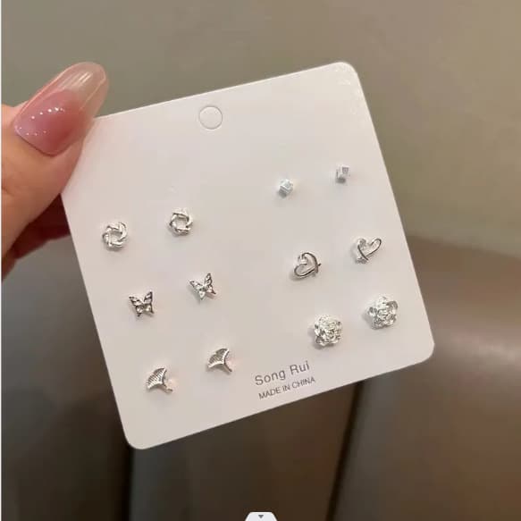 925 silver plated earrings for pierced ears, exquisite and simple 6 pairs set, versatile, small and cute earrings, non-duplicate earrings for women 3