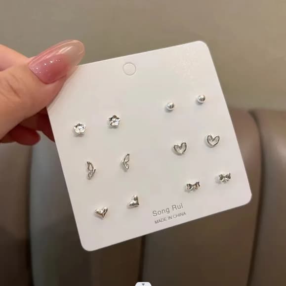 925 silver plated earrings for pierced ears, exquisite and simple 6 pairs set, versatile, small and cute earrings, non-duplicate earrings for women 5