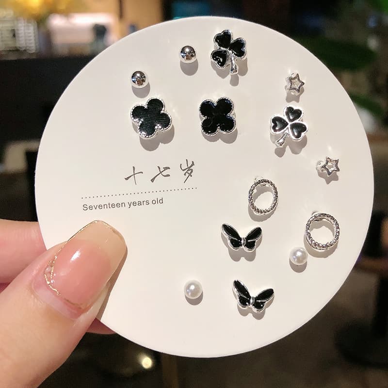 925 silver plated earrings for pierced ears, exquisite and simple 6 pairs set, versatile, small and cute earrings, non-duplicate earrings for women 7