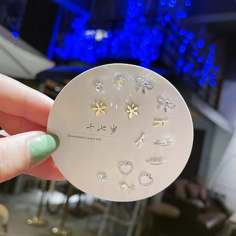 925 silver plated earrings for pierced ears, exquisite and simple 6 pairs set, versatile, small and cute earrings, non-duplicate earrings for women 9