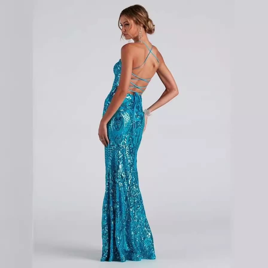 Cross-border European and American sexy one-line collar sequin evening dress elegant slit banquet party dress (3 colors) 3