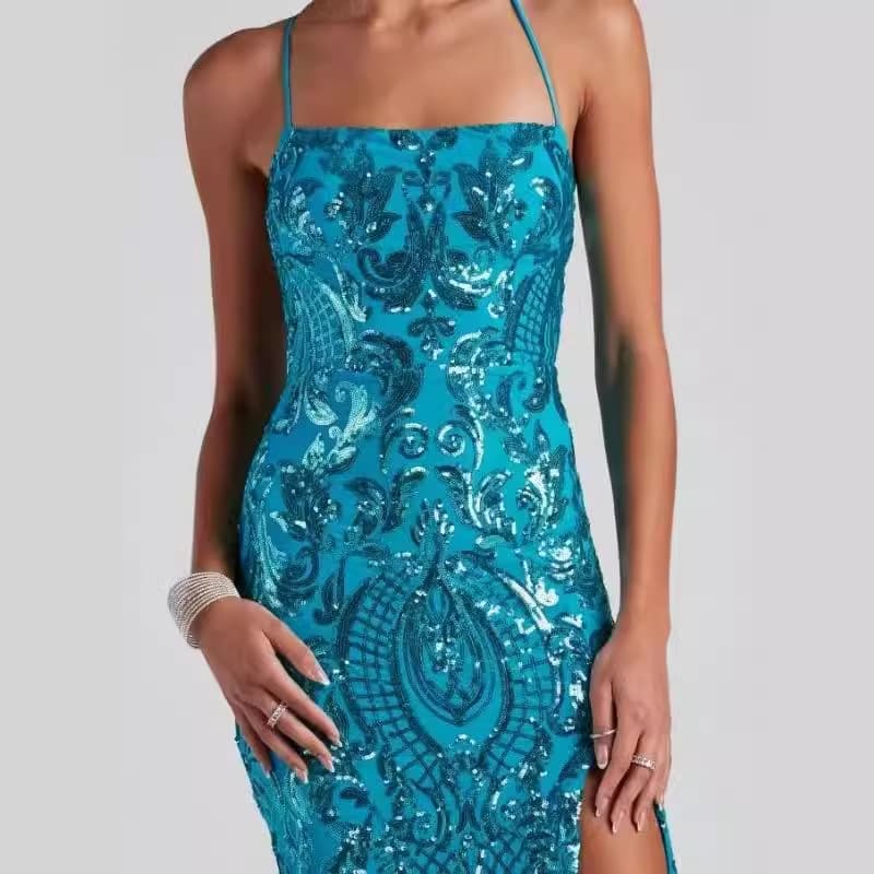 Cross-border European and American sexy one-line collar sequin evening dress elegant slit banquet party dress (3 colors) 4