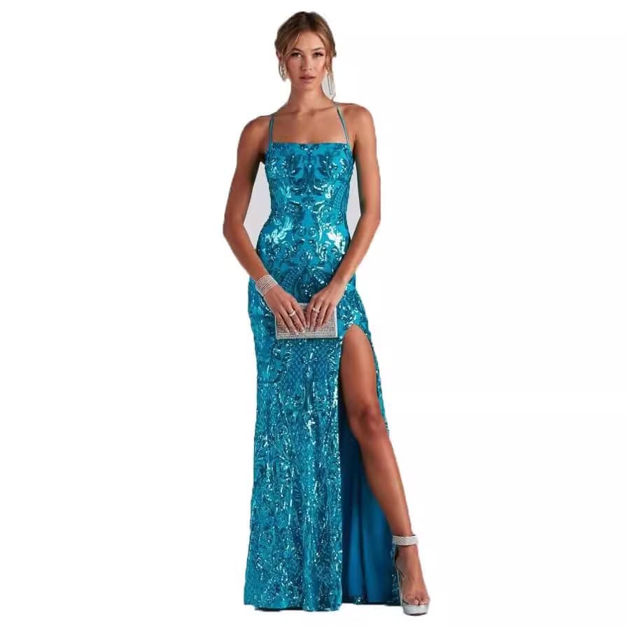 Cross-border European and American sexy one-line collar sequin evening dress elegant slit banquet party dress (3 colors) 6