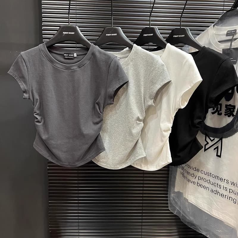 ins hot girl pure desire waist T-shirt short-sleeved women's summer new solid color bottoming pullover slim top women's trendy wholesale 2