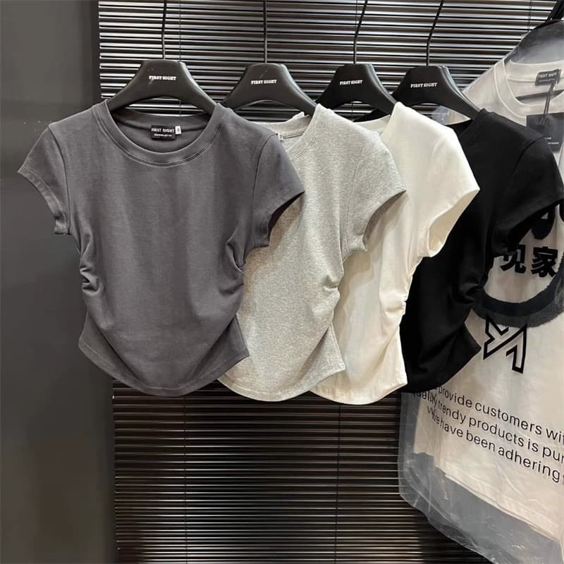 ins hot girl pure desire waist T-shirt short-sleeved women's summer new solid color bottoming pullover slim top women's trendy wholesale 3