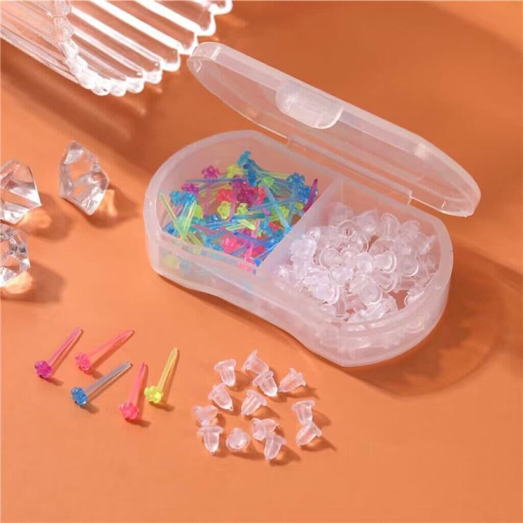 2-grid ear stick with ear plug set, ear piercing, anti-ear plug ear nail, plastic ear stick, simple silicone ear stick, ear needle 10