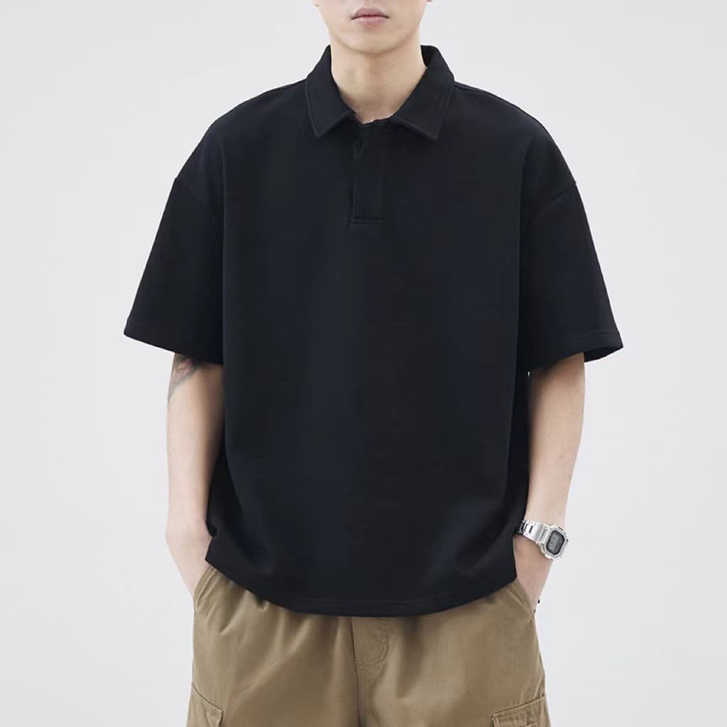 Summer men's waffle lapel short-sleeved POLO shirt loose casual solid color T-shirt top shirt half-sleeved shirt
