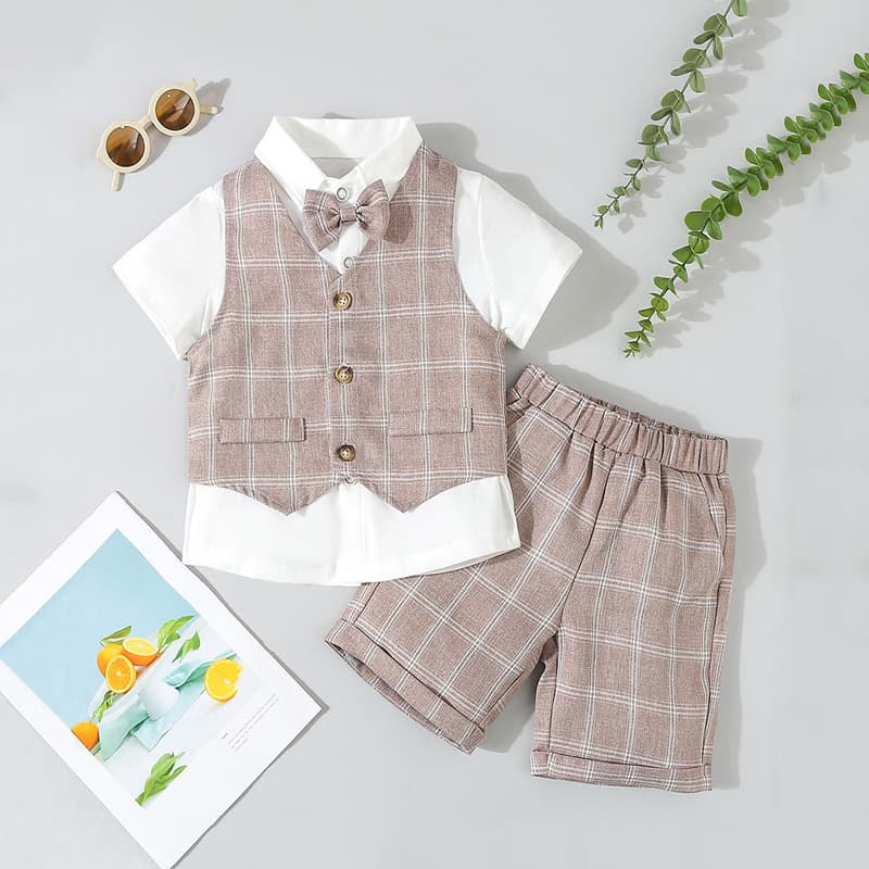 Boy's suit dress suit summer children's short-sleeved shirt vest three-piece set baby gentleman's party costume 2