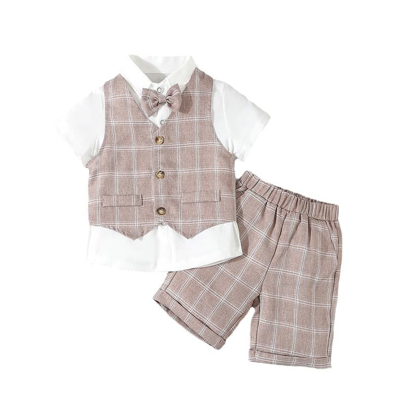 Boy's suit dress suit summer children's short-sleeved shirt vest three-piece set baby gentleman's party costume 6