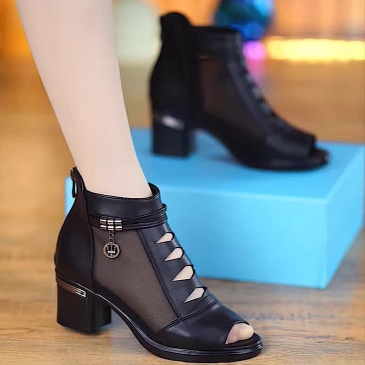 2025 new summer sandals for women, soft leather mid-heeled mesh short boots, fashionable mid-heeled sandals, thick heels with hollow fish mouths 3