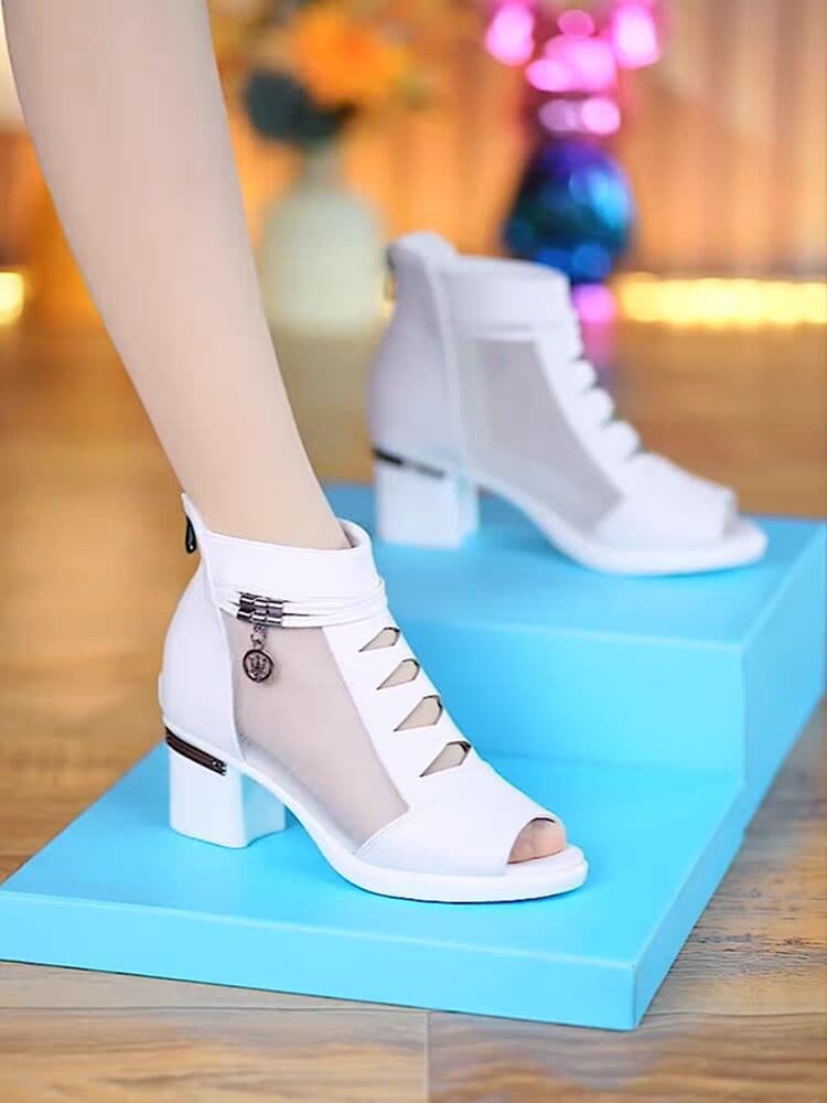 2025 new summer sandals for women, soft leather mid-heeled mesh short boots, fashionable mid-heeled sandals, thick heels with hollow fish mouths 8