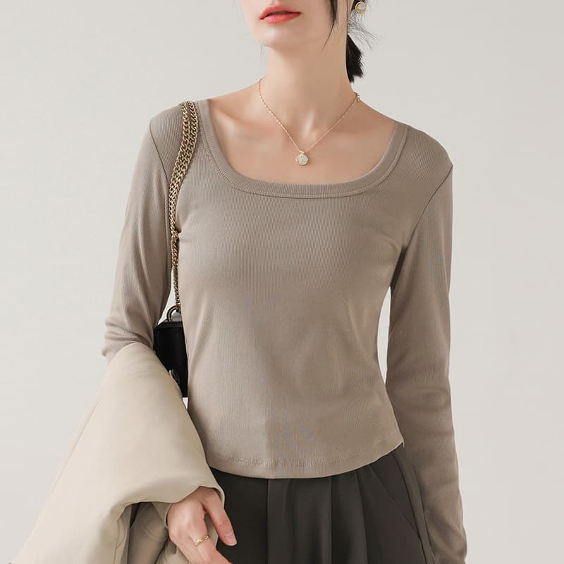 Douyin's popular bottoming shirt, versatile square neck long-sleeved T-shirt for women, autumn 2025 new slim, western-style slim-fitting top 9
