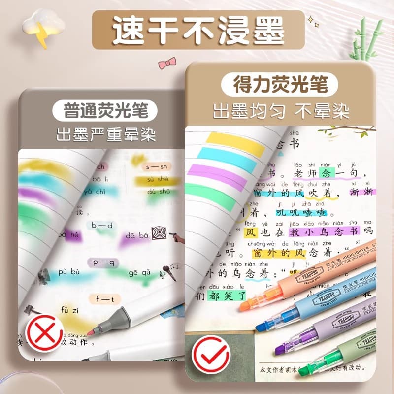 Deli fluorescent marker pen for students to use to mark the key notes, fluorescent pen, large-capacity light-color handbook 4